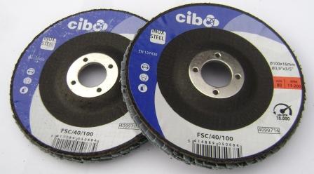 CIBO Flap Disc 100mm Dia P40 Grit Angled Zirc/Alum Oxide Aluminium Backed FSC/40/100