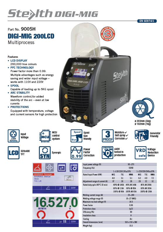 SWP Stealth DIGI-MIG-9005H 200 LCD Multi-process MIG/MMA 110/240V