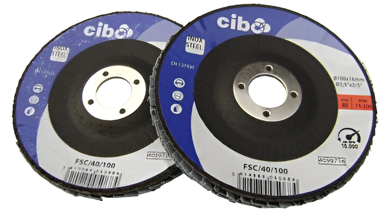 CIBO Flap Disc 100mm Dia P40 Grit Angled Zirc/Alum Oxide Aluminium Backed FSC/40/100