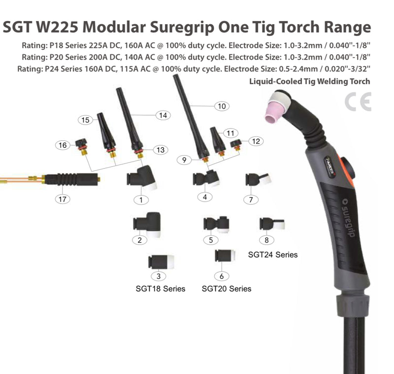 Parker Suregrip SGT225FX Flex Head 250A TIG Torch Water Cooled 8 Mtr Switched Modular