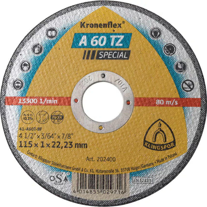 KLINGSPOR Cutting Disc 115 x 1.0 x 22mm Flat A60TZ Special 202400 25 x Discs [27321]